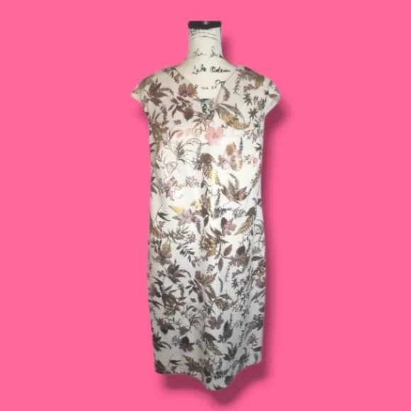 Elegant Midi Sheath Dress Gold Metallic Floral Size 14W - Picture 1 of 5